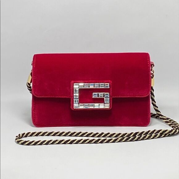 Gucci red Broadway velvet crystal G shoulder bag - Picture 1 of 16